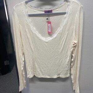 Edikted  Cream V neckline Lace Trim Long Sleeve Shirt Size L